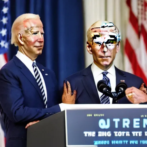 Prompt: alien, wearing a wig and a dress and ((Joe Biden)) at a press conference, photograph, highly detailed, 4K