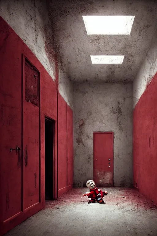 Image similar to room with 3 red windows, child with teeth all over his body except in the mouth, dystopian environment, by michal karcz in the style of chucky | freddy krueger style