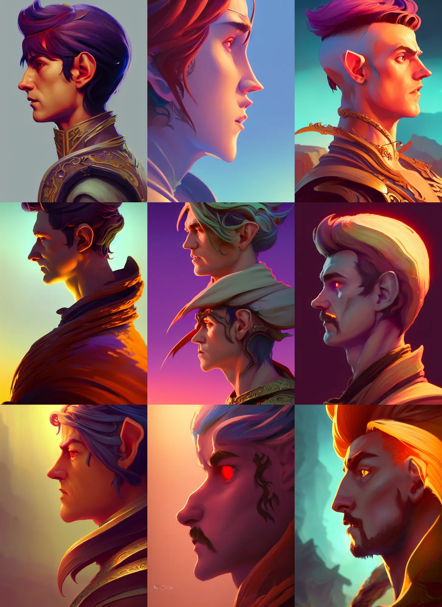 Prompt: side profile centered painted portrait, male elf ranger, d & d, gloomhaven, matte painting concept art, art nouveau, beautifully backlit, swirly vibrant color lines, fantastically gaudy, aesthetic octane render, 8 k hd resolution, by ilya kuvshinov and cushart krentz and gilleard james