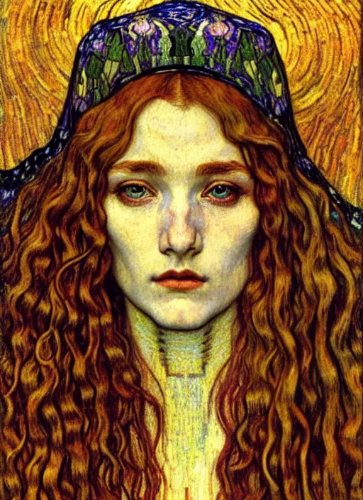 Image similar to detailed realistic beautiful young medieval queen face portrait by jean delville, gustav klimt and vincent van gogh, art nouveau, symbolist, visionary, gothic, pre - raphaelite, muted earthy colors, desaturated