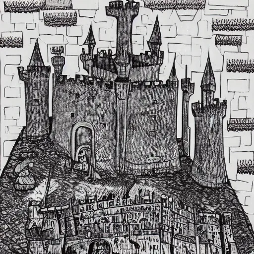 Prompt: A fascinating and detailed description of a medieval castle under siege, by Michael Deforge and Leon Kossoff, style of optical art, chartreuse, Lawrence of Arabia featured on ArtStation, trending on ArtStation, cgsociety, trending on 500px, deviantart