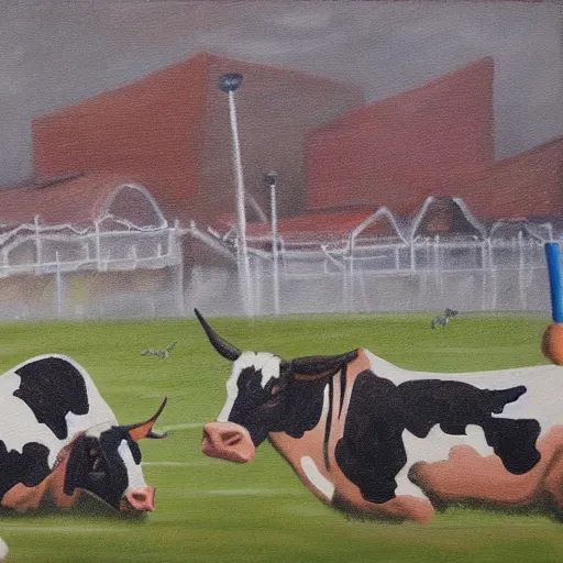 Image similar to painting of soccer game played by cows