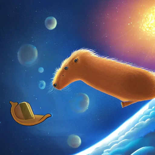 Prompt: digital painting of a boy riding a magical flying capybara in space
