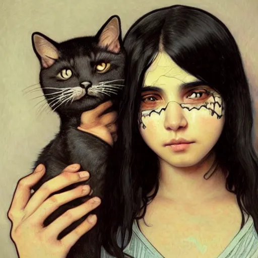 Prompt: emo mexican girl and her cat, with long dark hair, thick eyebrows!!! deep dark big shiny eyes and dark circles!, wide nose!!!, oval face shape, big cheeks! by juan villafuerte, greg rutkowski and alphonse mucha, pexels contest winner, high quality photo, rtx, hd