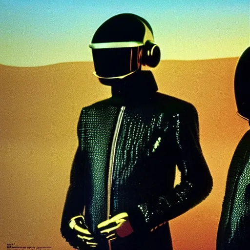 Prompt: album art beautiful portrait of daft punk's electroma, daft punk wearing leather jackets, standing together in a desolate wasteland, painted by zdzislaw beksinski