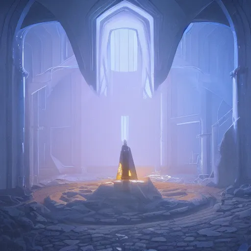 Prompt: a beautiful painting of the interior of a dungeon dimly lit with sources of blue and golden lights, Mike Winkelmann, german romanticism, Trending on artstation