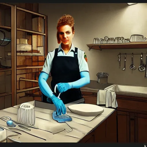 Prompt: A police officer wearing rubber gloves to wash dishes in kitchen, highly detailed, ambient lighting, trending on art station