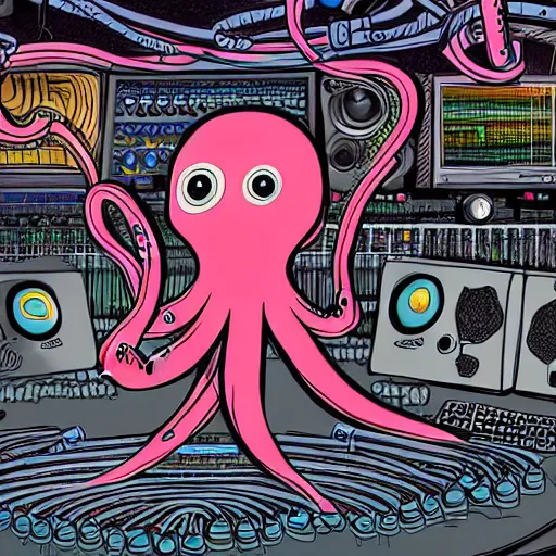 Image similar to detailed, intricate, colour, comic style illustration of a robotic octopus with audio jack cable tentacles, inside a huge music studio cave