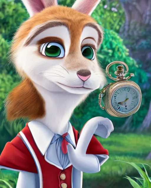 Image similar to portrait of a smiling white rabbit from alice in wonderland, zootopia movie style, looking at his pocket watch, digital art, 4k, award winning