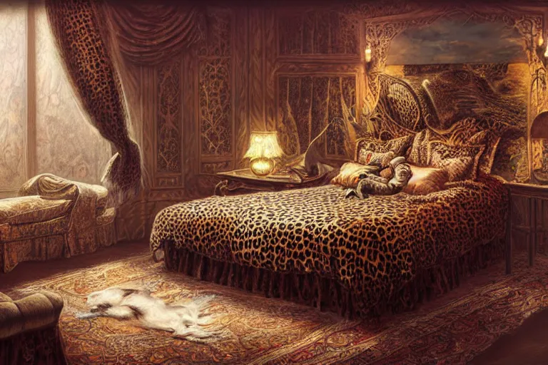 Image similar to detailed leopard print bed in the vaporwave bedroom. highly detailed, digital painting, artstation, concept art, smooth, sharp focus, illustration, artgerm, tomasz alen kopera, peter mohrbacher, donato giancola, joseph christian leyendecker, wlop, boris vallejo