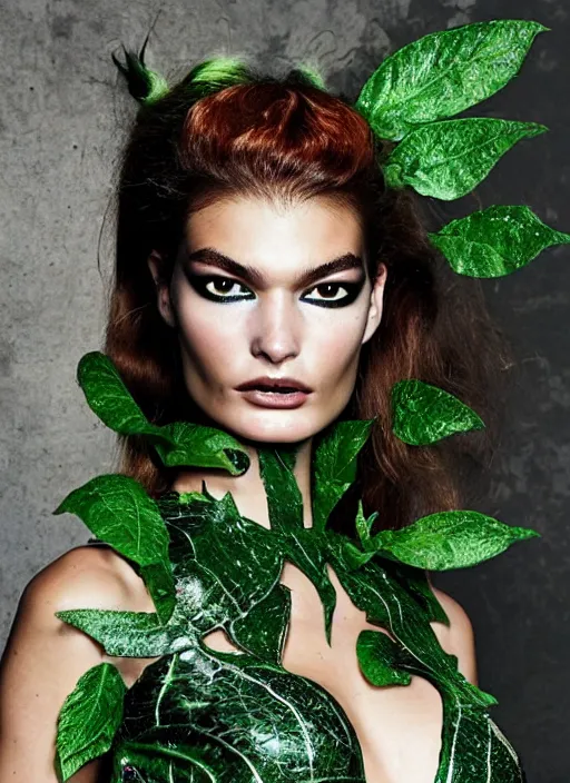 Image similar to A beautiful portrait of Ophelie Guillermand as Poison Ivy from Batman as a Versace fashion model Spring/Summer 2012, highly detailed, in the style of cinematic, Getty images, Milan fashion week backstage, Makeup by Pat McGrath, Greg rutkowski