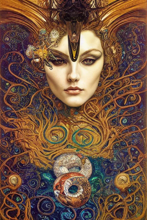 Prompt: Rebirth by Karol Bak, Jean Deville, Gustav Klimt, and Vincent Van Gogh, mysterious portrait of a sacred serpent, Surreality, radiant halo, shed iridescent snakeskin, otherworldly, enigma, fractal structures, celestial, arcane, ornate gilded medieval icon, third eye, spirals