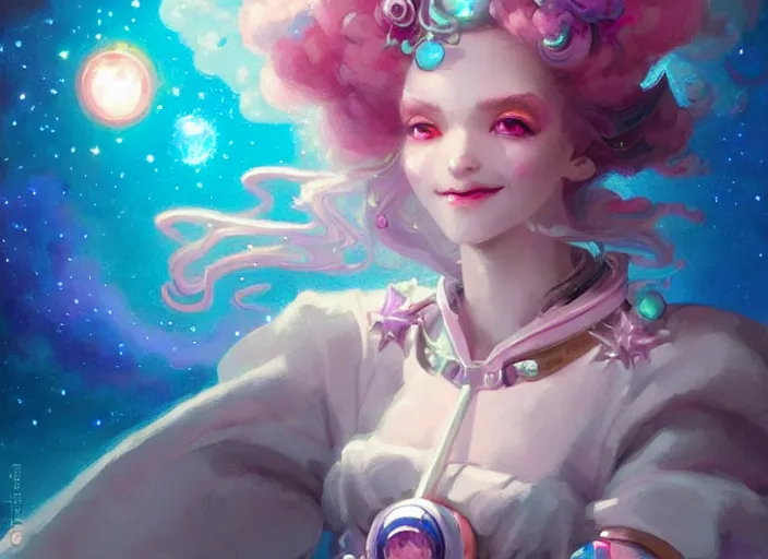 Image similar to close up picture of an maximalist dress magical girl, neat hair, smiling, extremely beautiful and aesthetic and detailed cute face and eyes, wipe out evils with cute astronaut familiar sprites, magical beam, chiaroscuro, intricate, masterpiece, fantasy illustrations by peter mohrbacher and anato finnstark and jeremy lipking