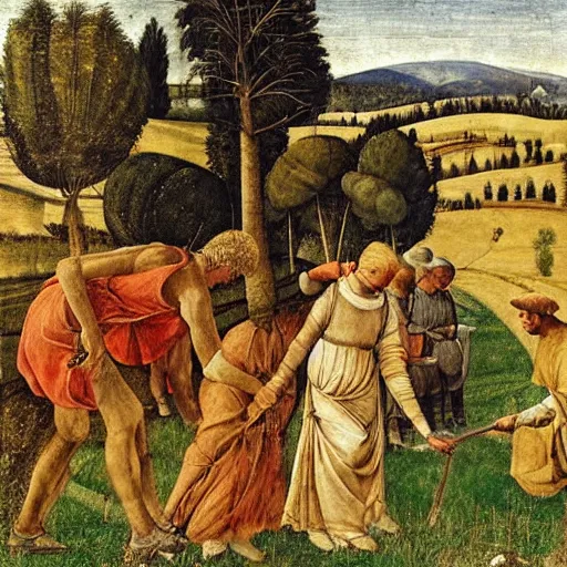 Prompt: Farmer tilling his field by Fra Filippo Lippi,