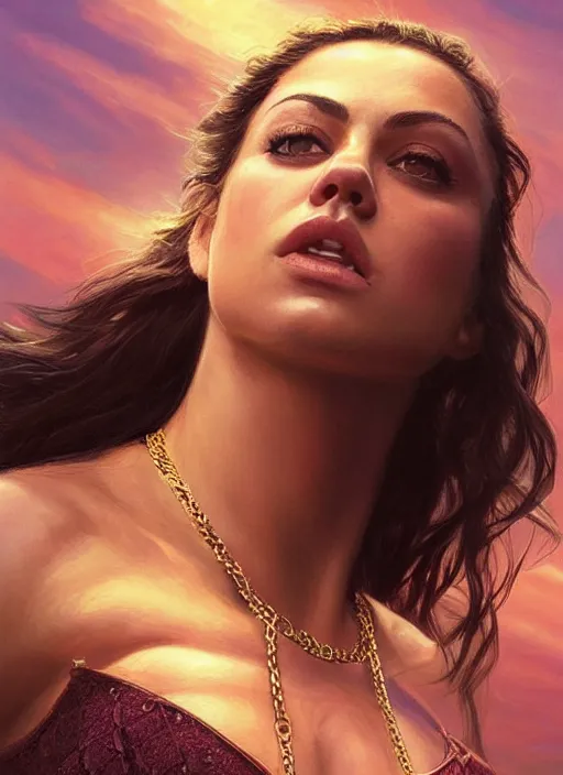 Image similar to epic portrait of Mila Kunis wearing black choker, a very strong muscled Amazon heroine, sun beams across sky, pink golden hour, intricate, elegance, highly detailed, shallow depth of field, epic vista, concept art, art by Artgerm and Donato Giancola, Joseph Christian Leyendecker