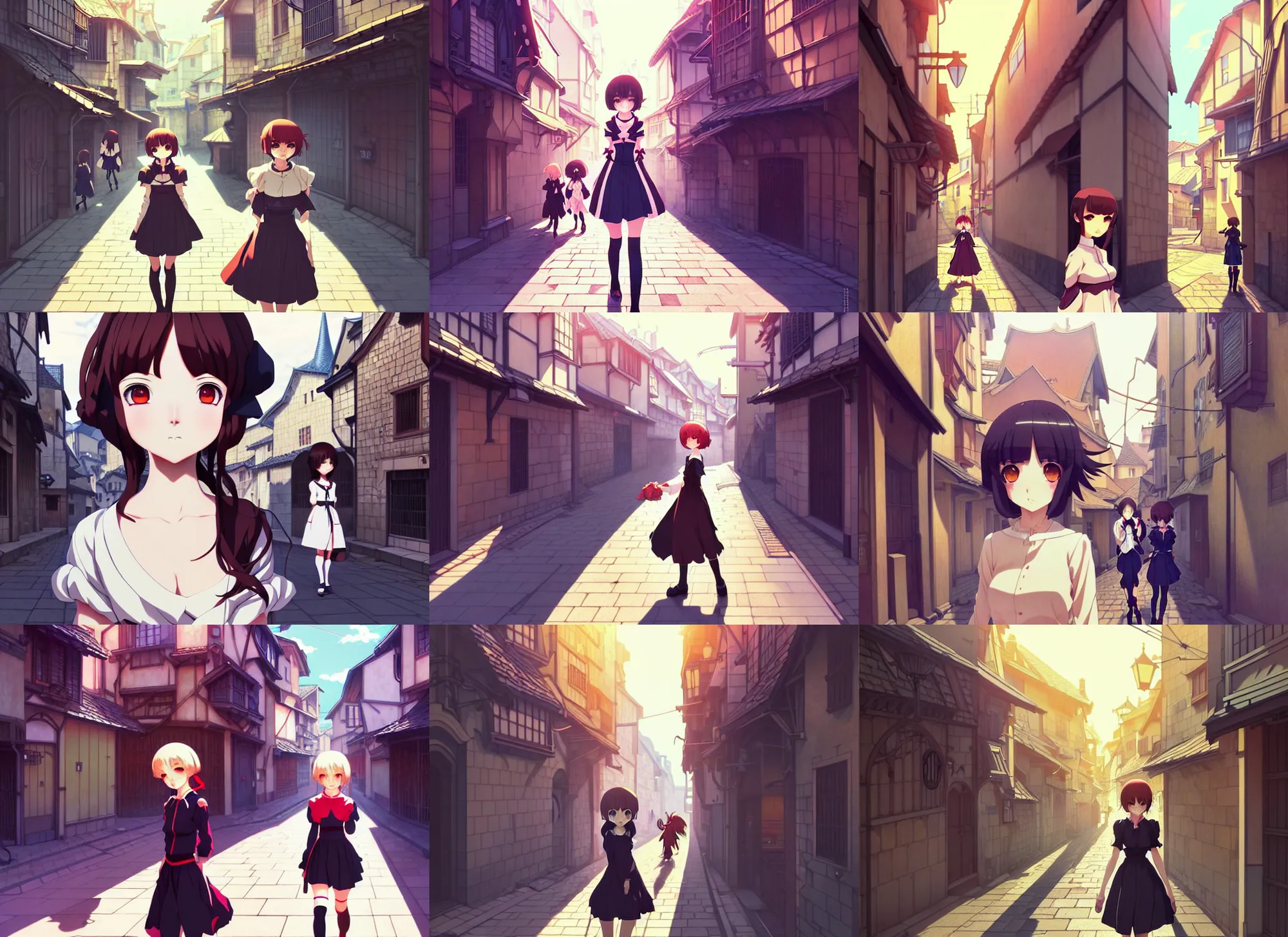 Prompt: anime visual, portrait of a young female walking down a busy medieval street exterior, cute face by ilya kuvshinov, yoh yoshinari, makoto shinkai, dynamic pose, dynamic perspective, cel shaded, flat cel shading mucha, rounded eyes, moody, dramatic