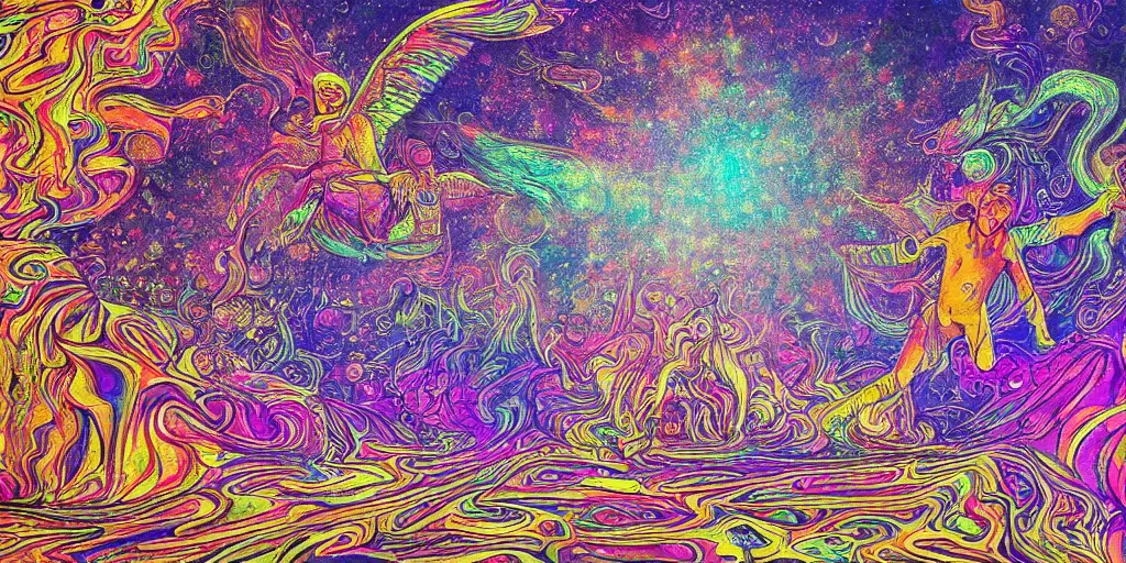 Image similar to realistic scene of psychedelic trip to afterlife, golden, delicate, facing camera, hyper realism, 1 4 5 0, ink, ultra realistic, 8 k