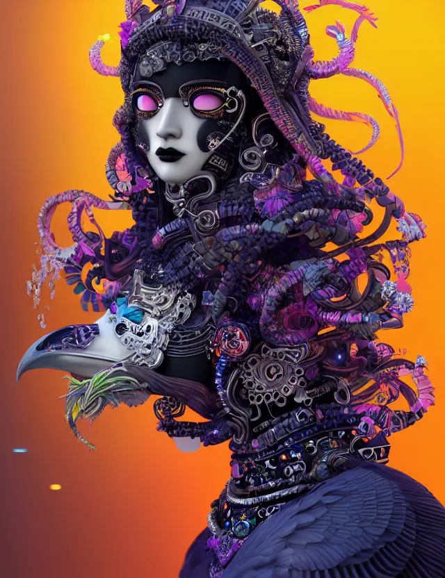 Image similar to 3 d goddess close - up profile portrait cyberpunk with ram skull. beautiful intricately detailed japanese crow kitsune mask and clasical japanese kimono. betta fish, jellyfish phoenix, bio luminescent, plasma, ice, water, wind, creature, artwork by tooth wu and wlop and beeple and greg rutkowski