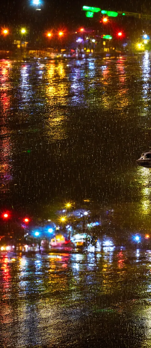 Image similar to photo, night, rain, modern street, lights, close up the fat frog on wet road