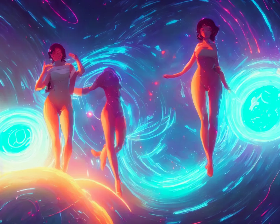 Prompt: beautiful whimsical women standing under a multi-colored binary blackhole with an accretion disc, casting magic, glowing trails following her arms, wearing professional makeup, by Lois van Baarle, by Greg Rutkowski, by artgerm, by beeple, by studio ghibli, cinematic angle, volumetric lighting, 4k resolution, octane render, trending on artstation, masterpiece