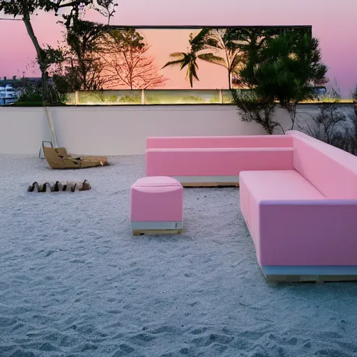 Image similar to An ultra high definition, professional photograph of an outdoor partial IKEA showroom inspired sculpture located on a pastel pink beach ((with pastel pink, dimpled sand where every item is pastel pink. )) The sun can be seen rising through a window in the showroom. The showroom unit is outdoors and the floor is made of dimpled sand. Morning time indirect lighting with on location production lighting on the showroom. In the style of wallpaper magazine, Wes Anderson.