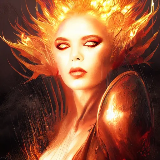 Image similar to kerli koiv as a fire queen flaming eylashes, darkwave, darksynth, concept headshot art, sharp, digital matte painting, art by luis royo, greg rutkowski, wlop, dramatic lighting, trending on artstation