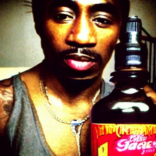 Prompt: “ 2 pac posing in front of his stash of gamer girl bathwater ”