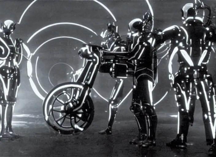 Prompt: lightcycles scene from the 1 9 1 2 science fiction film tron