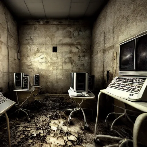 An abandoned room with old computers. This place is | Stable Diffusion