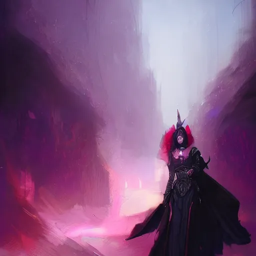 Prompt: masterpiece digital painting of a woman knight, visible face, heavy black obsidian armor, chaotic ruby inlays, large cape, by kev walker and greg rutkowski, atmospheric fog effects background, purple sparkles, artstation, deviantart, full body view, cinematic lights