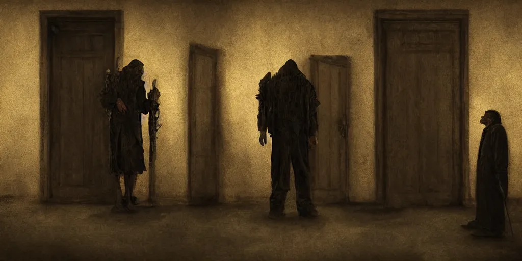 Prompt: a poor man and a death angel talking in front of a door oil painting, dark, cinematic lighting