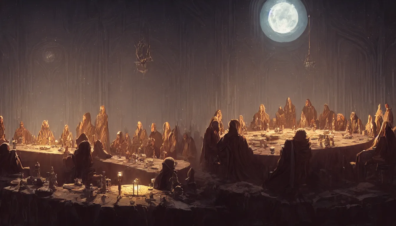 Image similar to A meeting of the council of elders, robed figures sat around a table, beautiful architecture, night time, stars visible, beautiful moon light, concept art, fantasy art, painted by Greg Rutkowski, trending on artstation, highly detailed, 8k