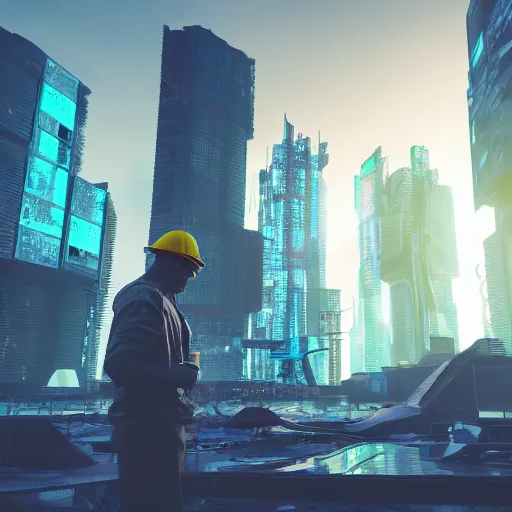 Image similar to cyberpunk architect constructing an adventure, 4 k, dramatic lighting