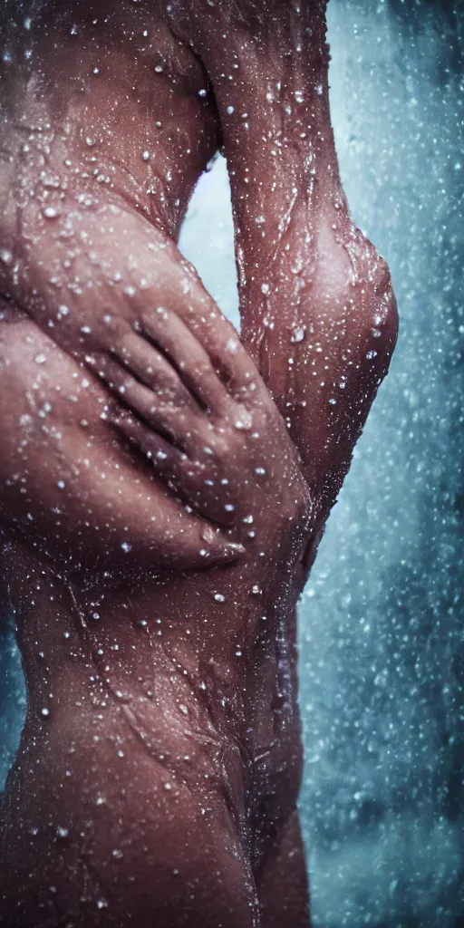 Image similar to a blurry closeup picture of woman's skin gripped tightly, dripping wet, female bodies, hands, macro photography, long exposure photograph, surrealism, anamorphic bokeh, atmospheric lighting, cinematic