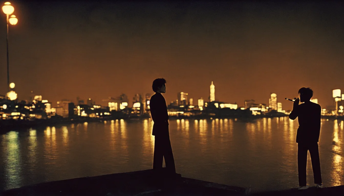 Image similar to 80s asian neon movie still with a man smoking cigarette by the river at night with city lights behind his back. Fallen angels movie still. hyperrealistic, high definition, medium format photography, highly detailed, tehnicolor