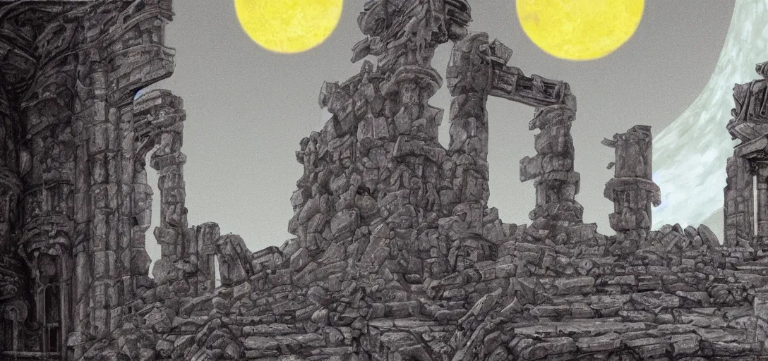 Image similar to The ruins of the Silver Millennium on the moon from Sailor Moon, digital painting, Earth in the distance, Greek-esque columns and ruins