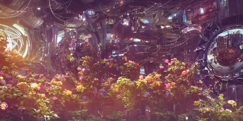 Prompt: a lovely mechanical cornucopia of flowers, sci-fi futuristic, utopian, machine parts, wires, circuits, highly detailed, octane render, cinematic