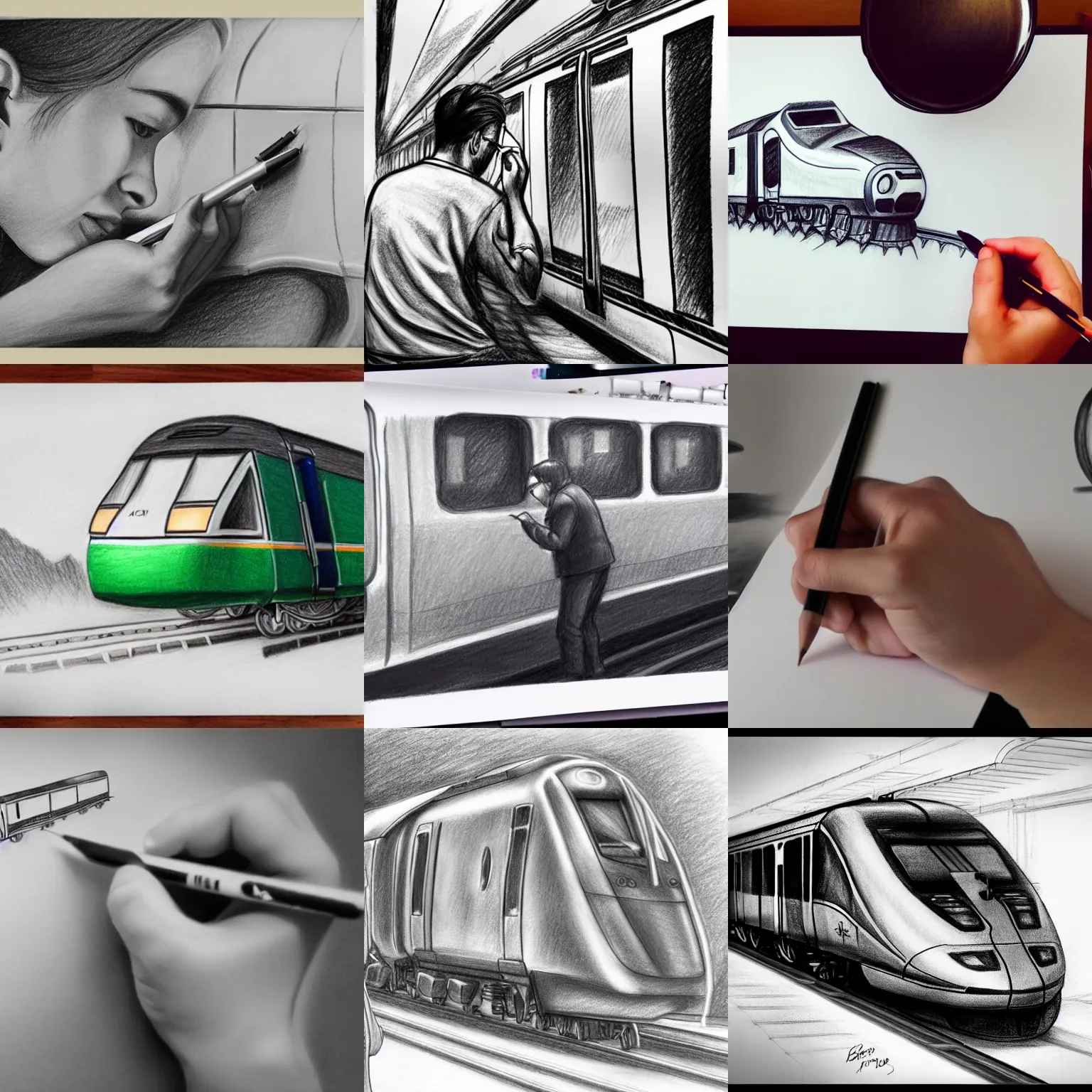 Prompt: photorealistic drawing of a person drawing a train