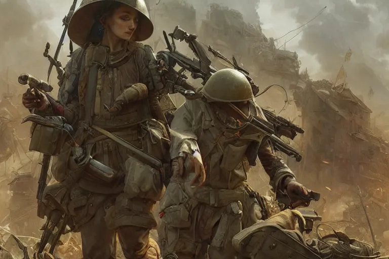 Image similar to painting ofworld war 3, concept art, intricate details, eerie, highly detailed, photorealistic, octane render, 8 k, unreal engine. art by artgerm and greg rutkowski and alphonse mucha