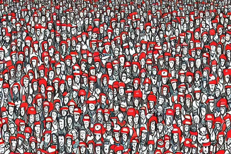 Prompt: an elaborate penned illustration of a convention of waldo's, where's wally, where's waldo, by martin hand ford, by jan van haasteren, wes anderson and geoff darrow!!!!!