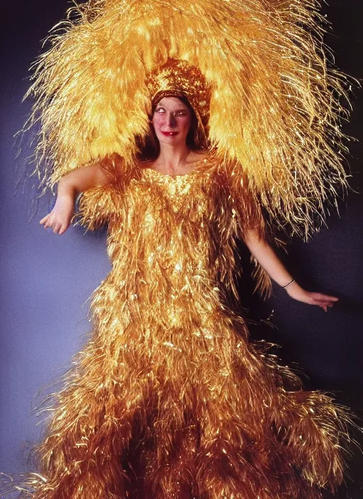 Image similar to realistic detailed photo of the sleeping person, wearing a golden leaf feathers fluffy fur carnival costume with golden sparkles. 1 9 9 0, life magazine reportage photo