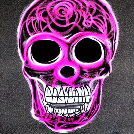 Image similar to a 3 d wireframe pink cartoon skull spray painted on a black background with dripping pink spray paint, three fourths view, graffiti, black background!!!!!