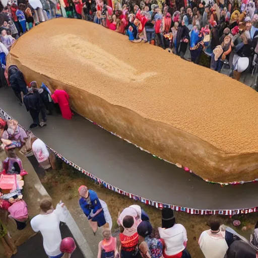 Image similar to photo of the biggest cake ever made, 10m long, people eating slices, PR photo, scenic