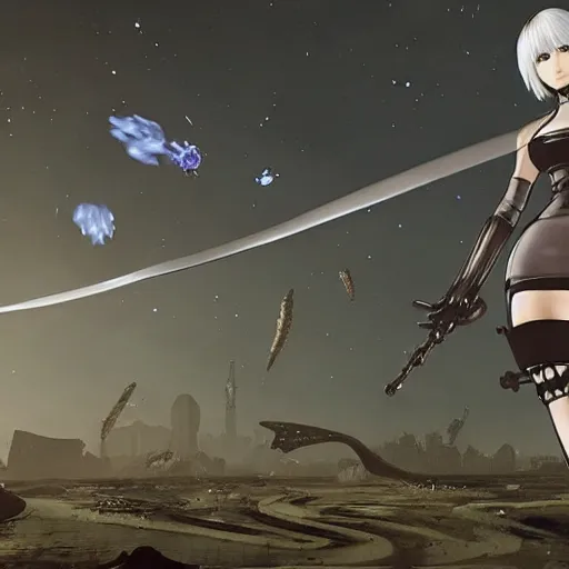 Image similar to 2B from Nier Automata fighting the aliens, highly detailed, realistic