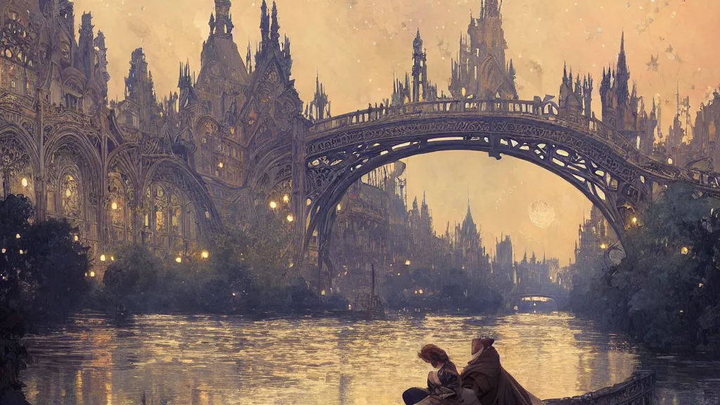 Image similar to a beautiful painting of the view from the river of a city of bridges and arches, with art nouveau architecture, at night with a sky full of stars, intricate, elegant, highly detailed, digital painting, artstation, concept art, by krenz cushart and artem demura and alphonse mucha