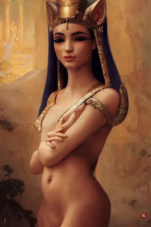Image similar to soft light portrait of the beautiful egyptian goddess, bastet, bast, woman / cat hybrid, soft torchlight in an egyptian tomb, digital art by ruan jia and mandy jurgens and artgerm and william - adolphe bouguereau, by jean - leon gerome, highly detailed, trending on artstation, award winning,