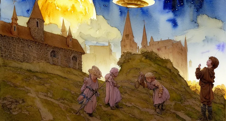 Prompt: a hyperrealist watercolor concept art of an elegant golden ufo in the sky above a small medieval town. one dirty medieval peasant child is in the foreground pointing up at the sky. very muted colors, by rebecca guay, michael kaluta, charles vess. high detail, hq, wide shot, 4 k