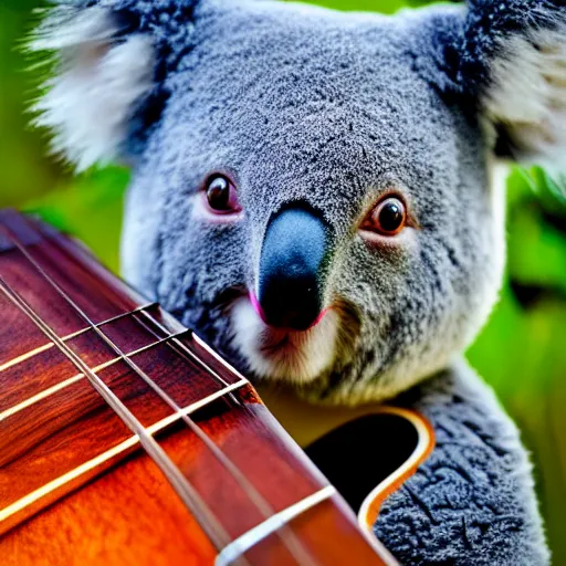 Image similar to a koala playinga guitar, modelsociety, radiant skin, huge anime eyes, rtx on, perfect face, directed gaze, canon, symmetric balance, polarizing filter, photolab, lightroom, 4 k, dolby vision, photography award