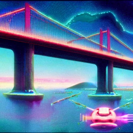 Image similar to floating holographic krang spaceship floating underneath rainbow gate bridge, art by bruce pennington, cinema still, film grain