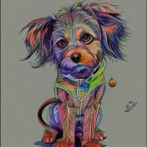 Prompt: cute dog painted in style of alex grey, katsuya terada